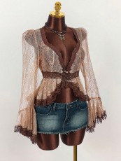 Lace Patchwork See Through Flare Sleeve Top GXIY-K25L1664