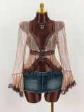 Lace Patchwork See Through Flare Sleeve Top GXIY-K25L1664