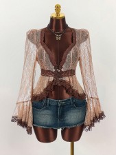 Lace Patchwork See Through Flare Sleeve Top GXIY-K25L1664