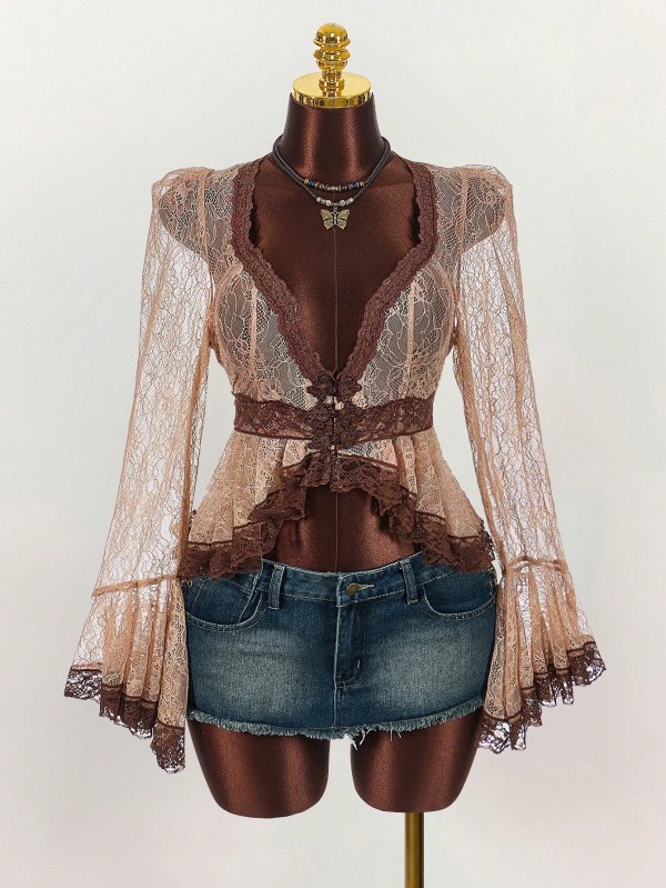 Lace Patchwork See Through Flare Sleeve Top GXIY-K25L1664