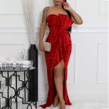 Plus Size Sexy Sequin Solid Color Tube Top Evening Dress GCZF-8651