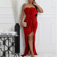Plus Size Sexy Sequin Solid Color Tube Top Evening Dress GCZF-8651