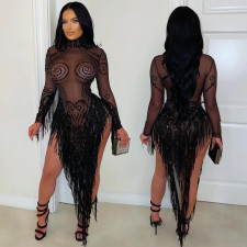 Hot Drll Long Sleeve Tassel Irregular Dress CYA-902191