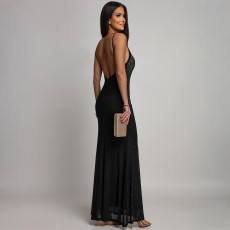 Hot Drill Backless Solid Color Maxi Dress CYA-902228