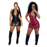 Sleeveless Zipper PU Leather Mini Dress MEM-88678