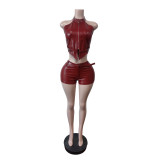 PU Leather Halterneck Zipper Two Piece Shorts Set MEM-88679