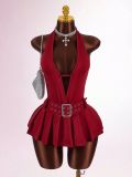 Sleeveless Deep V Neck Pleated Mini Dress GXIY-K25L1743