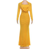Solid Color Ruched Long Sleeve Maxi Dress GSLF-K25D87000