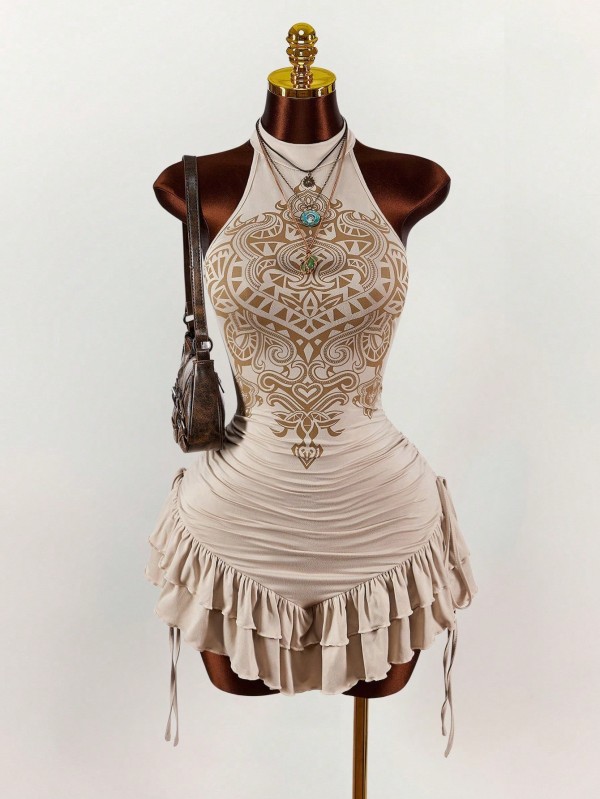 Sleeveless Print Drawstring Mini Dress GXIY-K25L1806