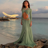 Long Sleeve Hollow Out Split Maxi Dress GSLF-K25S87290