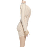 Long Sleeve Ruched Deep V Neck Mini Dress GSLF-K25D86419