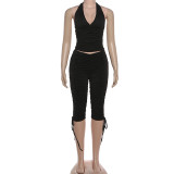 Deep V Neck Drawstring Pleated Tank Top Seven-Tenths Pants Suit GSLF-K25S86622