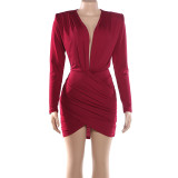 Long Sleeve Ruched Deep V Neck Mini Dress GSLF-K25D86419