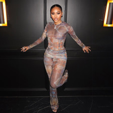 Print Long Sleeve See Through Two Piece Pants Set GSLF-K25S88792