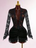 Solid Color Lace Deep V Neck Ruched Mini Dress GXIY-K25L1638