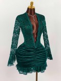 Solid Color Lace Deep V Neck Ruched Mini Dress GXIY-K25L1638