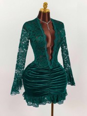 Solid Color Lace Deep V Neck Ruched Mini Dress GXIY-K25L1638