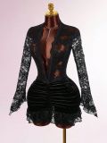 Solid Color Lace Deep V Neck Ruched Mini Dress GXIY-K25L1638