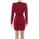 Long Sleeve Ruched Deep V Neck Mini Dress GSLF-K25D86419