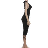 Deep V Neck Drawstring Pleated Tank Top Seven-Tenths Pants Suit GSLF-K25S86622