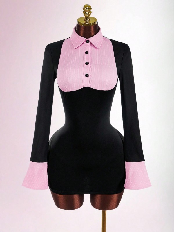 Lapel Contrast Color Mini Dress GXIY-K25L1742