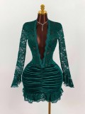 Solid Color Lace Deep V Neck Ruched Mini Dress GXIY-K25L1638