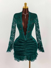 Solid Color Lace Deep V Neck Ruched Mini Dress GXIY-K25L1638