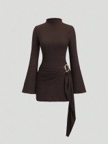 Solid Color High Collar Flare Sleeve Mini Dress GXIY-K25L1627