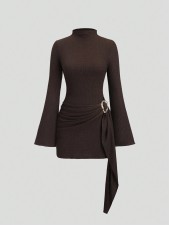 Solid Color High Collar Flare Sleeve Mini Dress GXIY-K25L1627