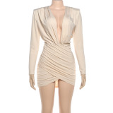 Long Sleeve Ruched Deep V Neck Mini Dress GSLF-K25D86419