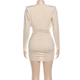 Long Sleeve Ruched Deep V Neck Mini Dress GSLF-K25D86419