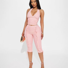 Deep V Neck Drawstring Pleated Tank Top Seven-Tenths Pants Suit GSLF-K25S86622