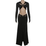 Long Sleeve Hollow Out Split Maxi Dress GSLF-K25S87290