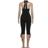 Deep V Neck Drawstring Pleated Tank Top Seven-Tenths Pants Suit GSLF-K25S86622