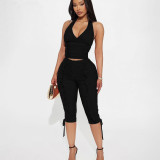 Deep V Neck Drawstring Pleated Tank Top Seven-Tenths Pants Suit GSLF-K25S86622
