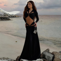 Long Sleeve Hollow Out Split Maxi Dress GSLF-K25S87290