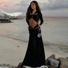 Long Sleeve Hollow Out Split Maxi Dress GSLF-K25S87290