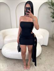 Solid Color Warp Chest Tie Up Mini Dress GXIY-K25L1544