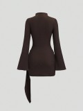 Solid Color High Collar Flare Sleeve Mini Dress GXIY-K25L1627