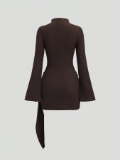 Solid Color High Collar Flare Sleeve Mini Dress GXIY-K25L1627