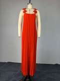 Solid Color Backless Press Pleated Maxi Dress GMSF-9439