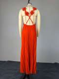 Solid Color Backless Press Pleated Maxi Dress GMSF-9439