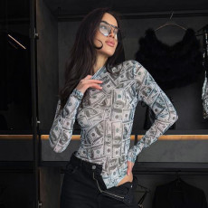 Dollar-Print Mesh See Through Bodysuit GAXB-D520BS