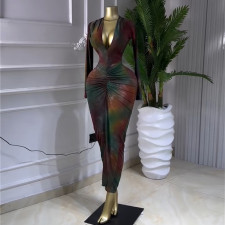 Print Deep V Neck Long Sleeve Long Dress GMSF-9464