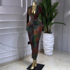 Print Deep V Neck Long Sleeve Long Dress GMSF-9464