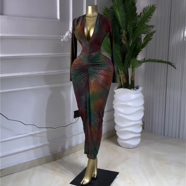 Print Deep V Neck Long Sleeve Long Dress GMSF-9464