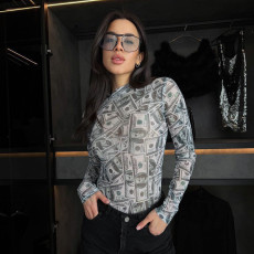 Dollar-Print Mesh See Through Bodysuit GAXB-D520BS