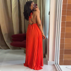 Solid Color Backless Press Pleated Maxi Dress GMSF-9439