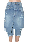 Casual Brushed Faux Two-Piece Denim Culottes SH-391453