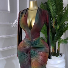 Print Deep V Neck Long Sleeve Long Dress GMSF-9464